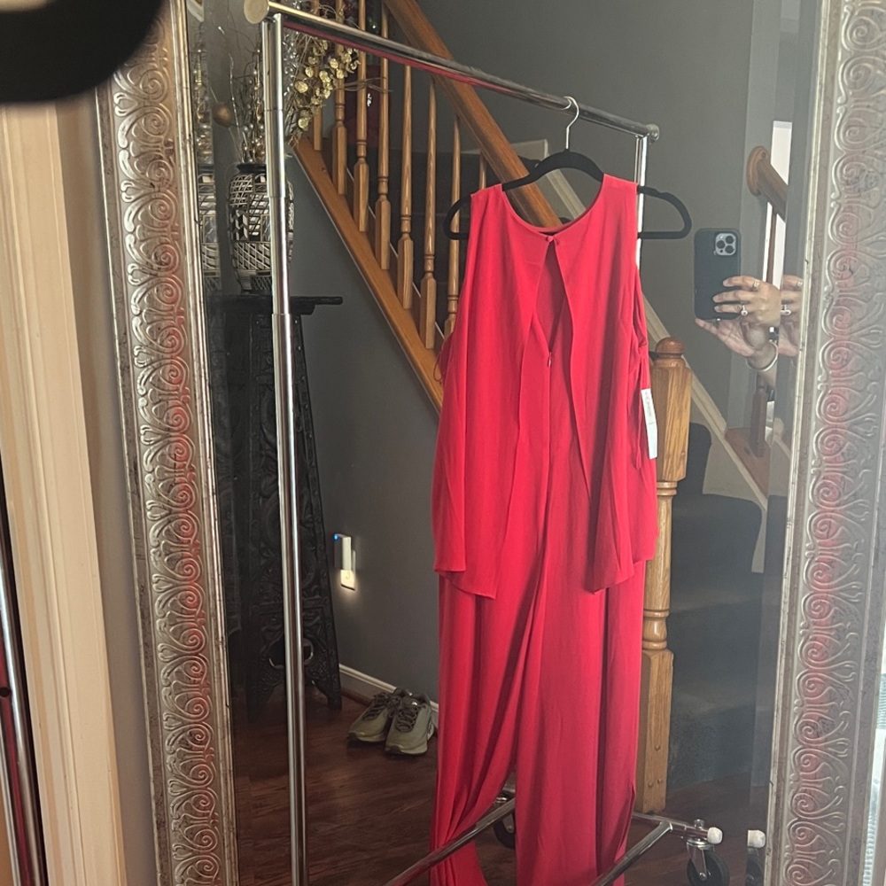 Red Sleeveless Jumpsuit with Draped Overlay